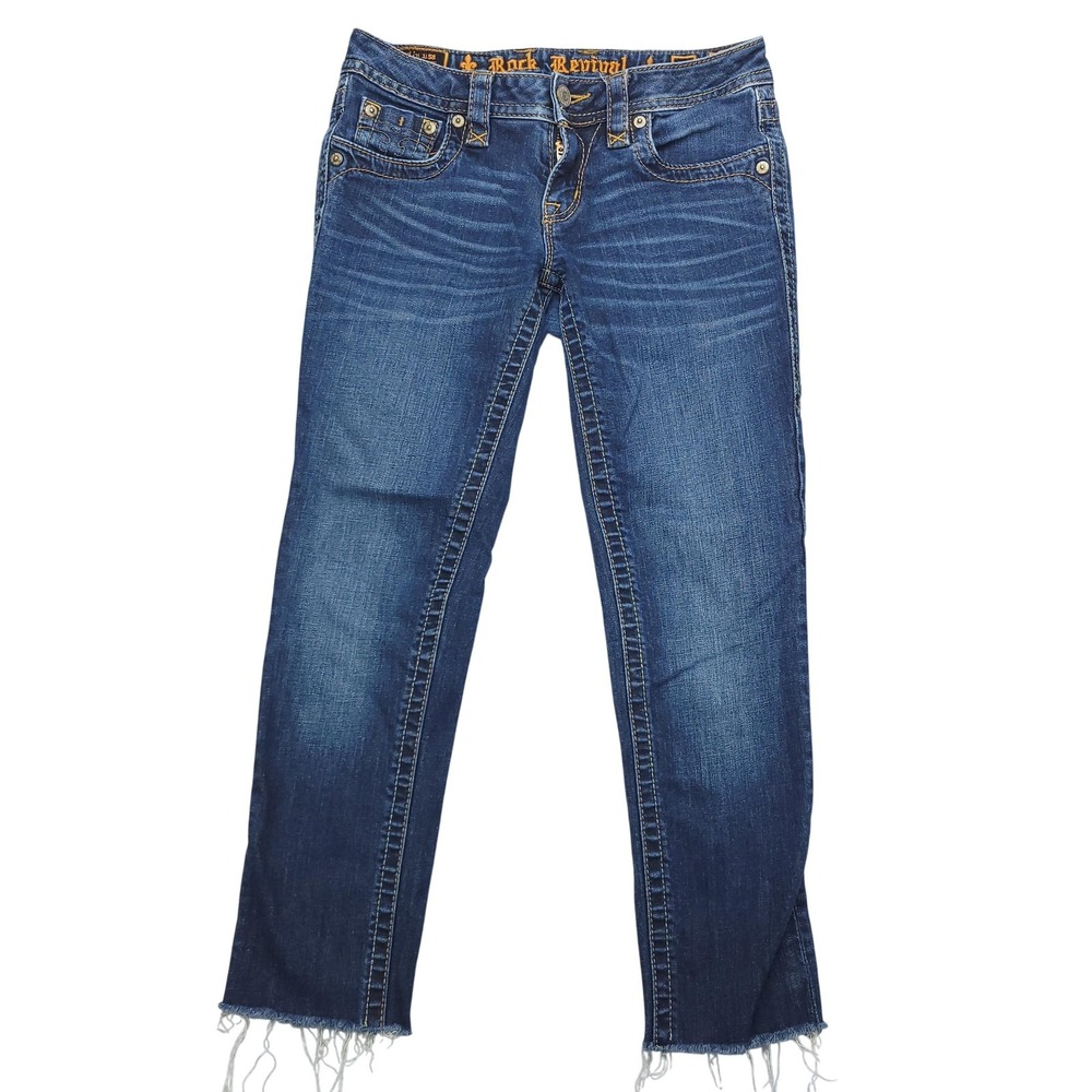 Rock Revival Jeans Womens 27 Blue Jessica Skinny Distressed Frayed Hem Denim